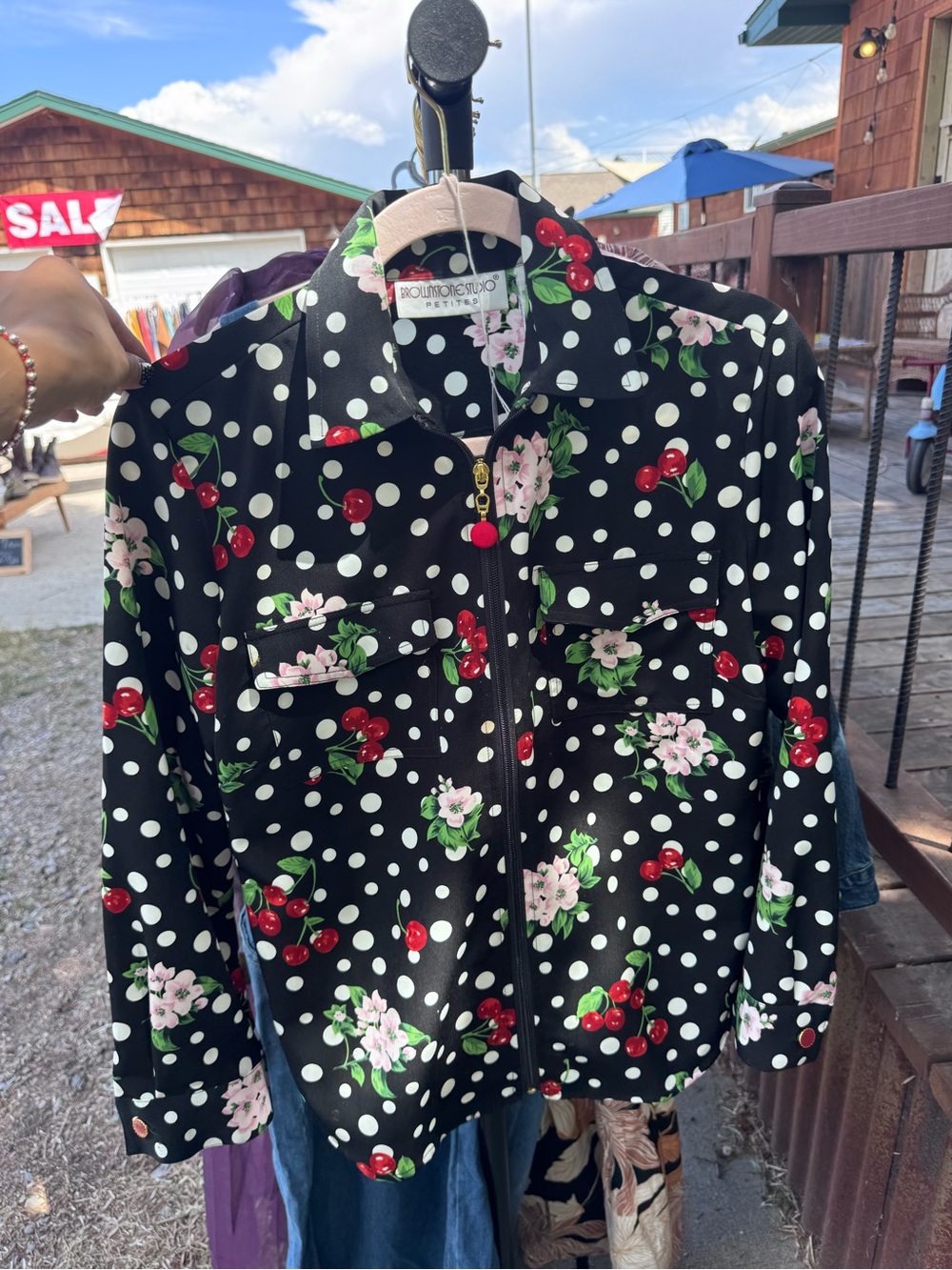 Vintage-Inspired Black Polka Dot Cherries & Floral Zip Jacket